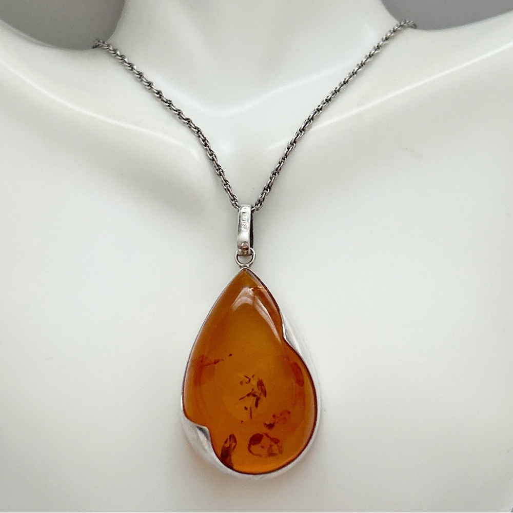 Vintage Modernist Polish Amber Sterling Silver Necklace